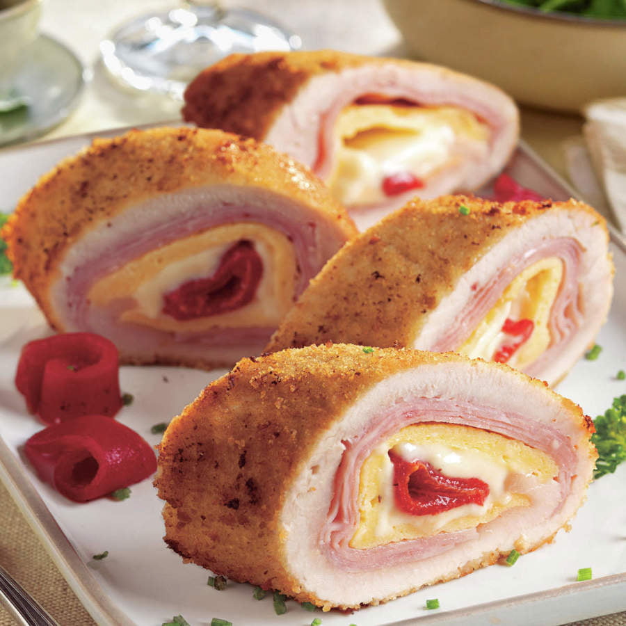 Rollitos de Pollo Rellenos de Jamón, Queso, Pimiento y Tortilla